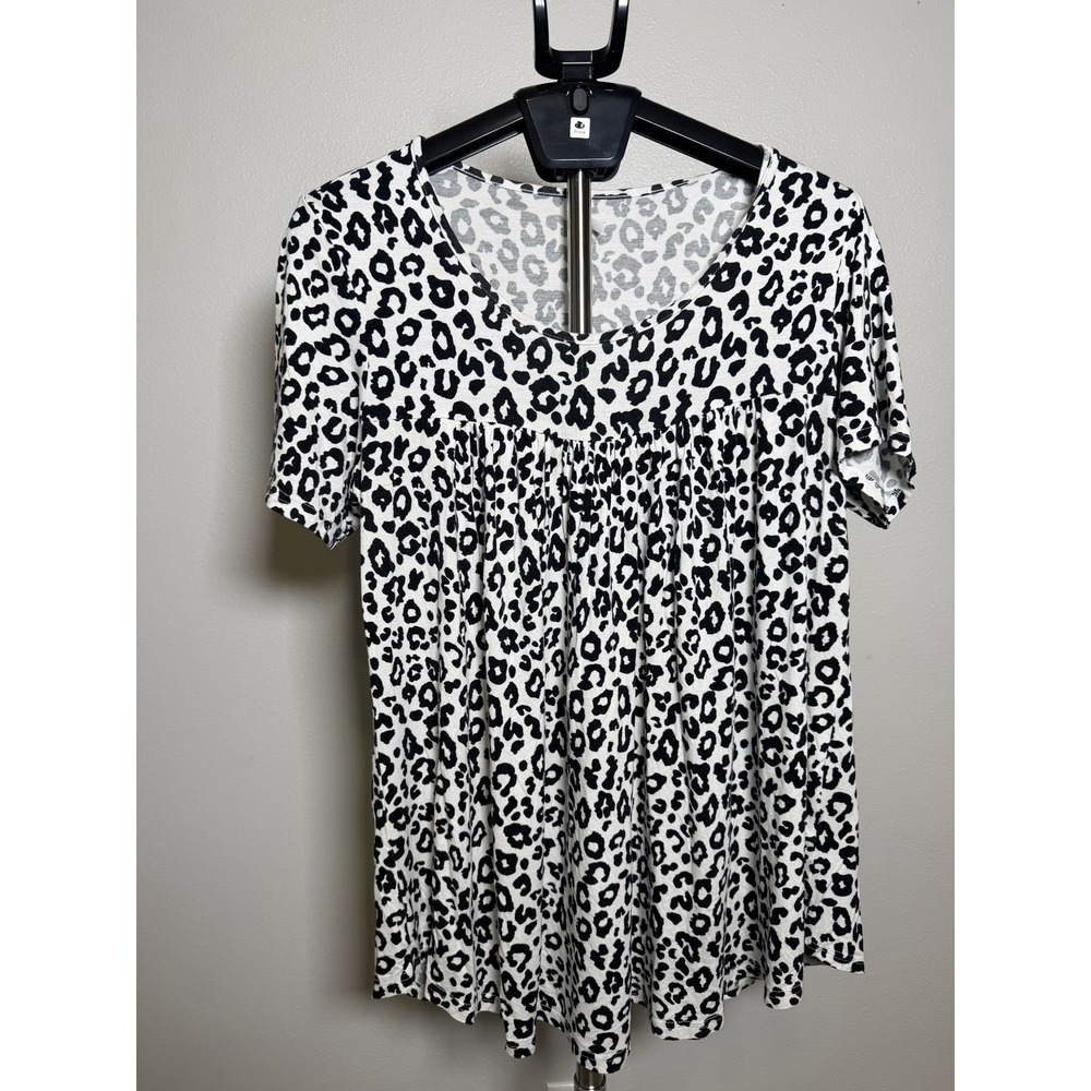 Longyuan Babydoll Top Womens 3XL Black White Leopard Print Pleated Short Sleeve